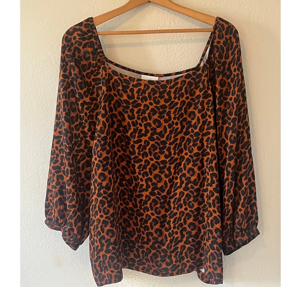 NWT Women's J. Jill Square Neck Leopard Print Blouse Long Sleeve 3/4 Sleeve Sz L